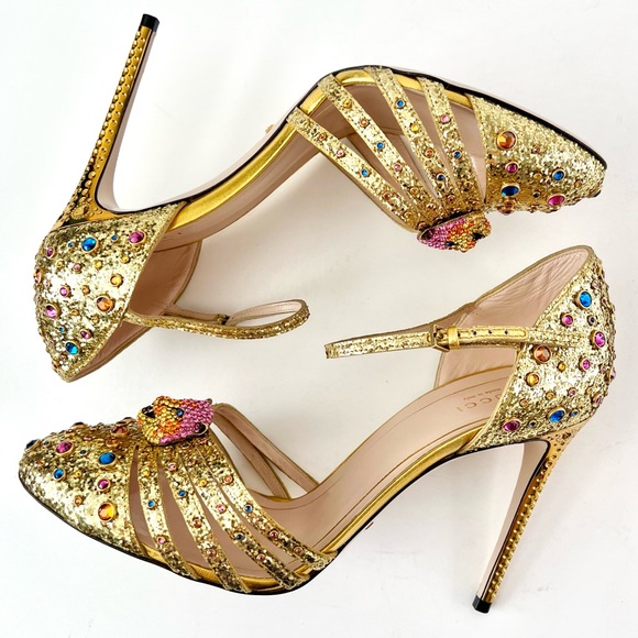 GUCCI || Crystal Tiger Head Gold Stone Embellished Heels Pumps EU 40.5 US 10.5 - Picture 13 of 16